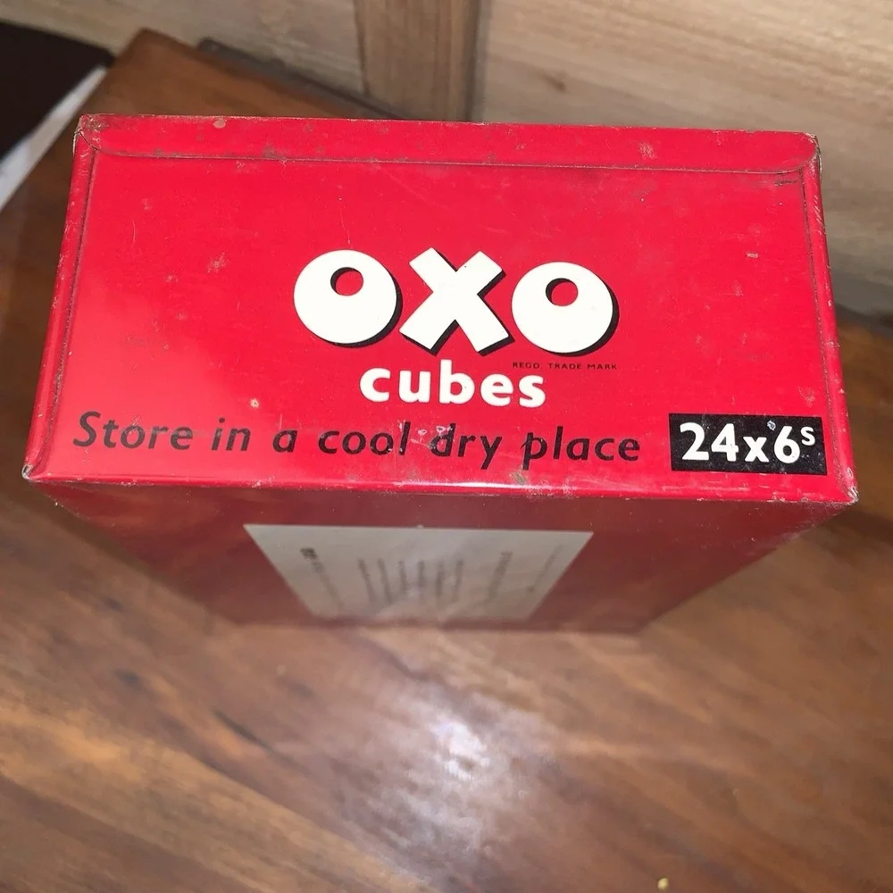 Vintage Old OXO Cubes Red Metal Tin Box & Lid King George VI Collectible Cooking